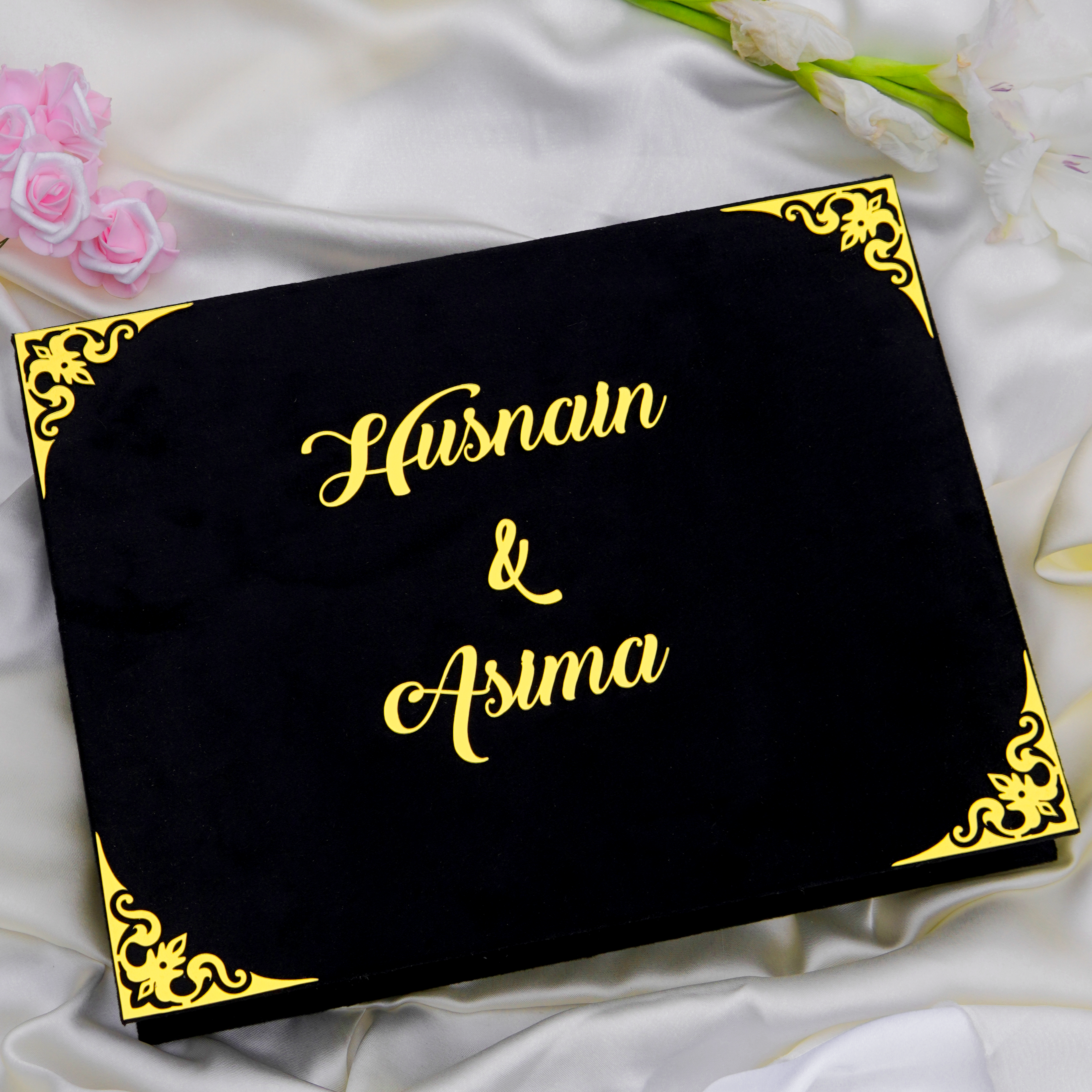 Personalized Nikah Book Set with Pen & Gift Box – Black & Gold Islamic Wedding Set