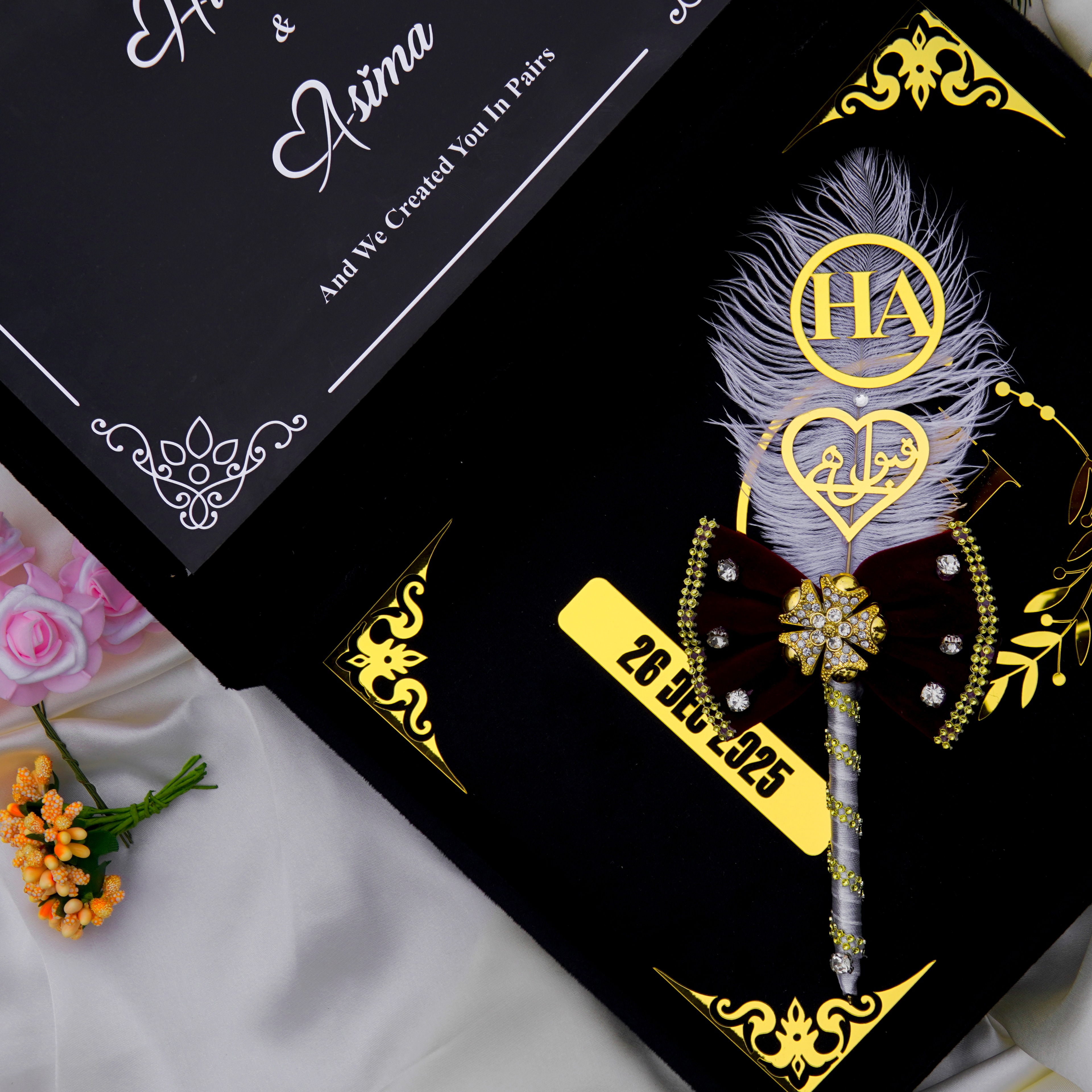 Personalized Nikah Book Set with Pen & Gift Box – Black & Gold Islamic Wedding Set