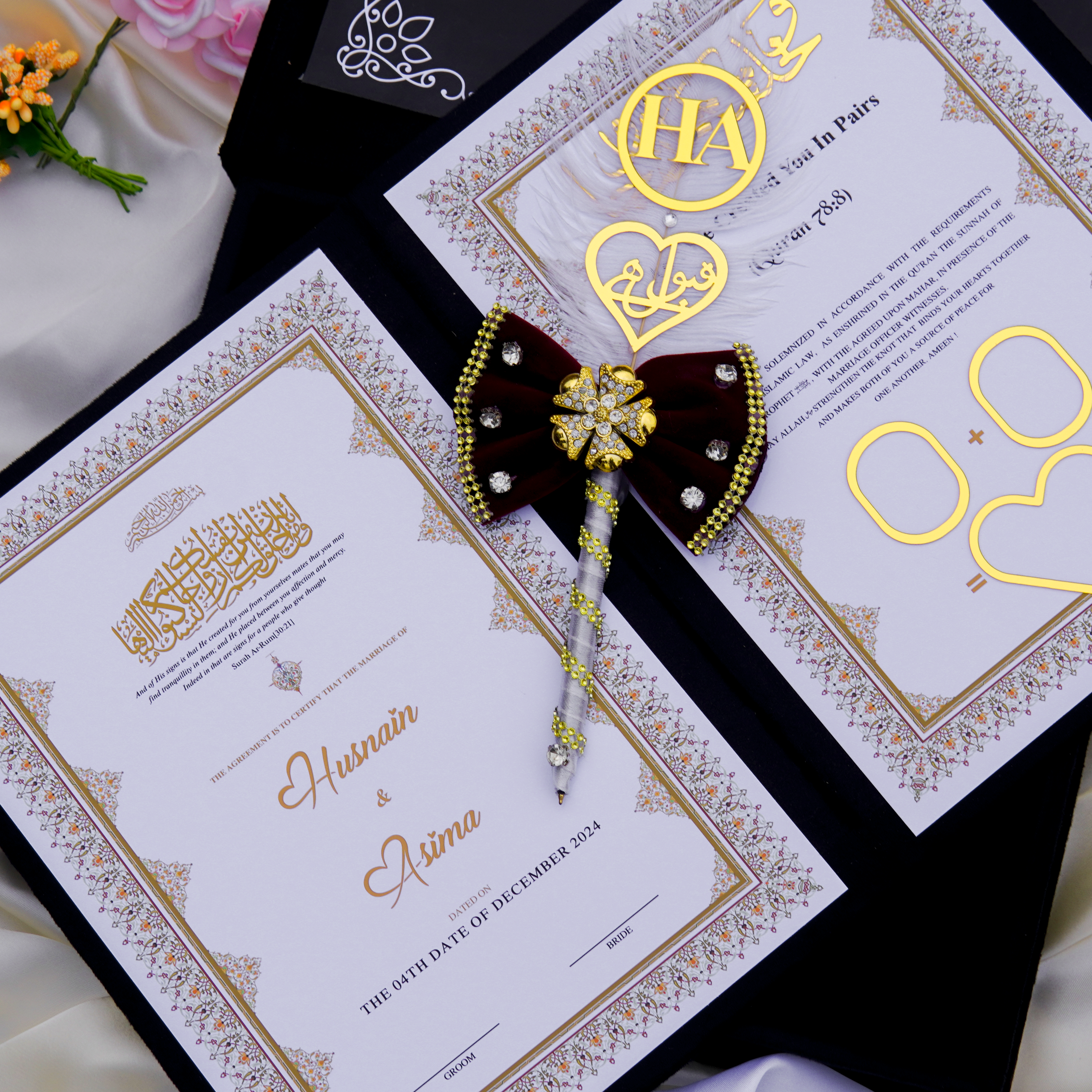 Personalized Nikah Book Set with Pen & Gift Box – Black & Gold Islamic Wedding Set