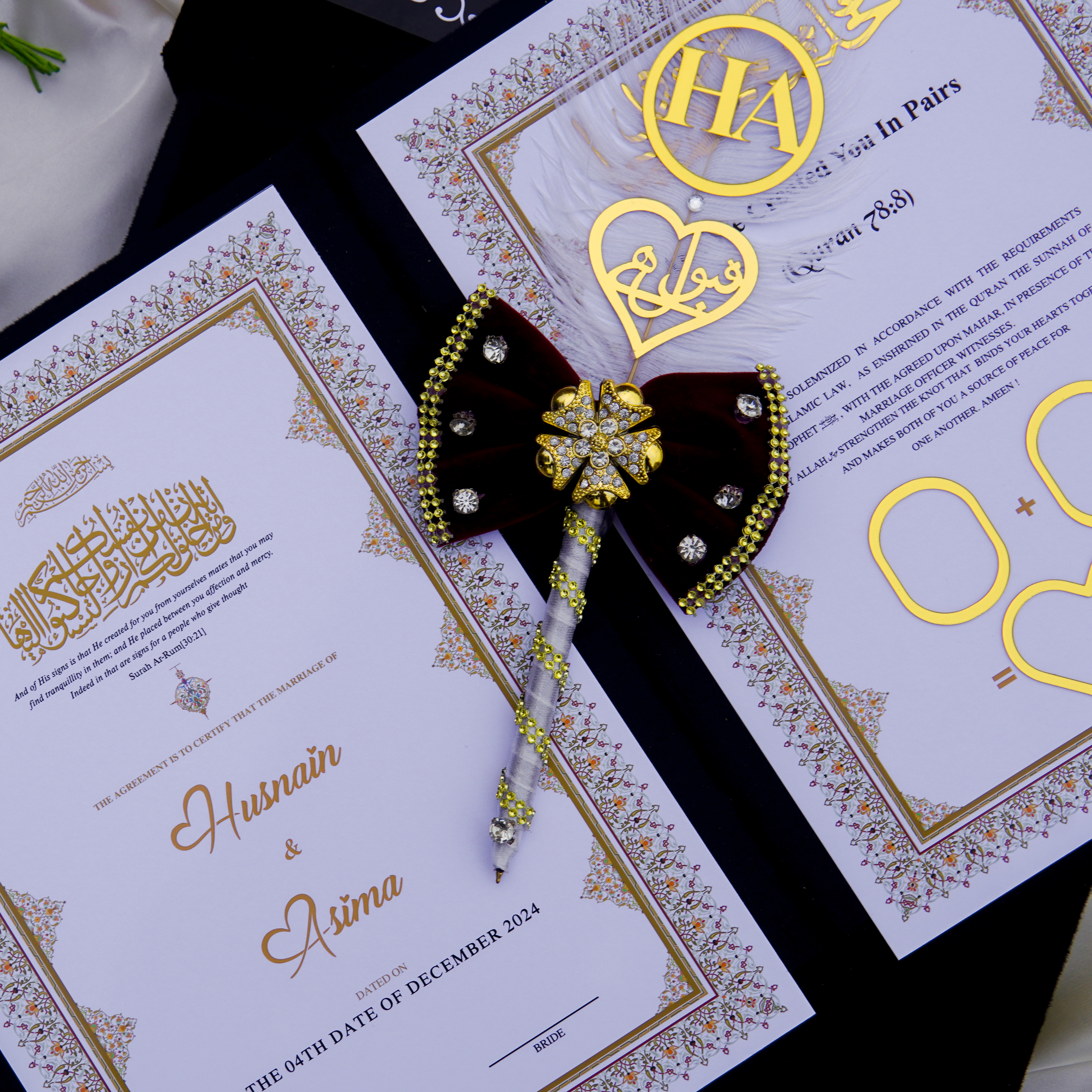 Personalized Nikah Book Set with Pen & Gift Box – Black & Gold Islamic Wedding Set