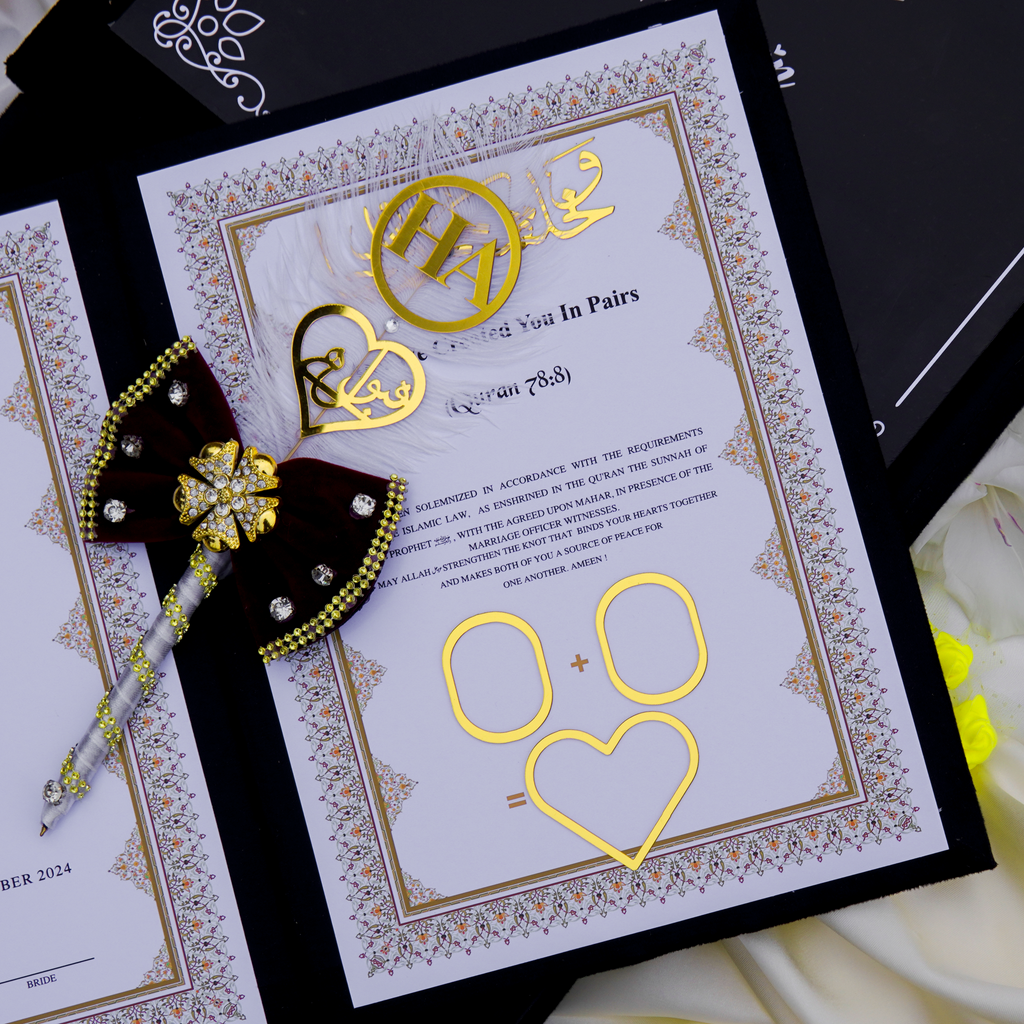 Personalized Nikah Book Set with Pen & Gift Box – Black & Gold Islamic Wedding Set