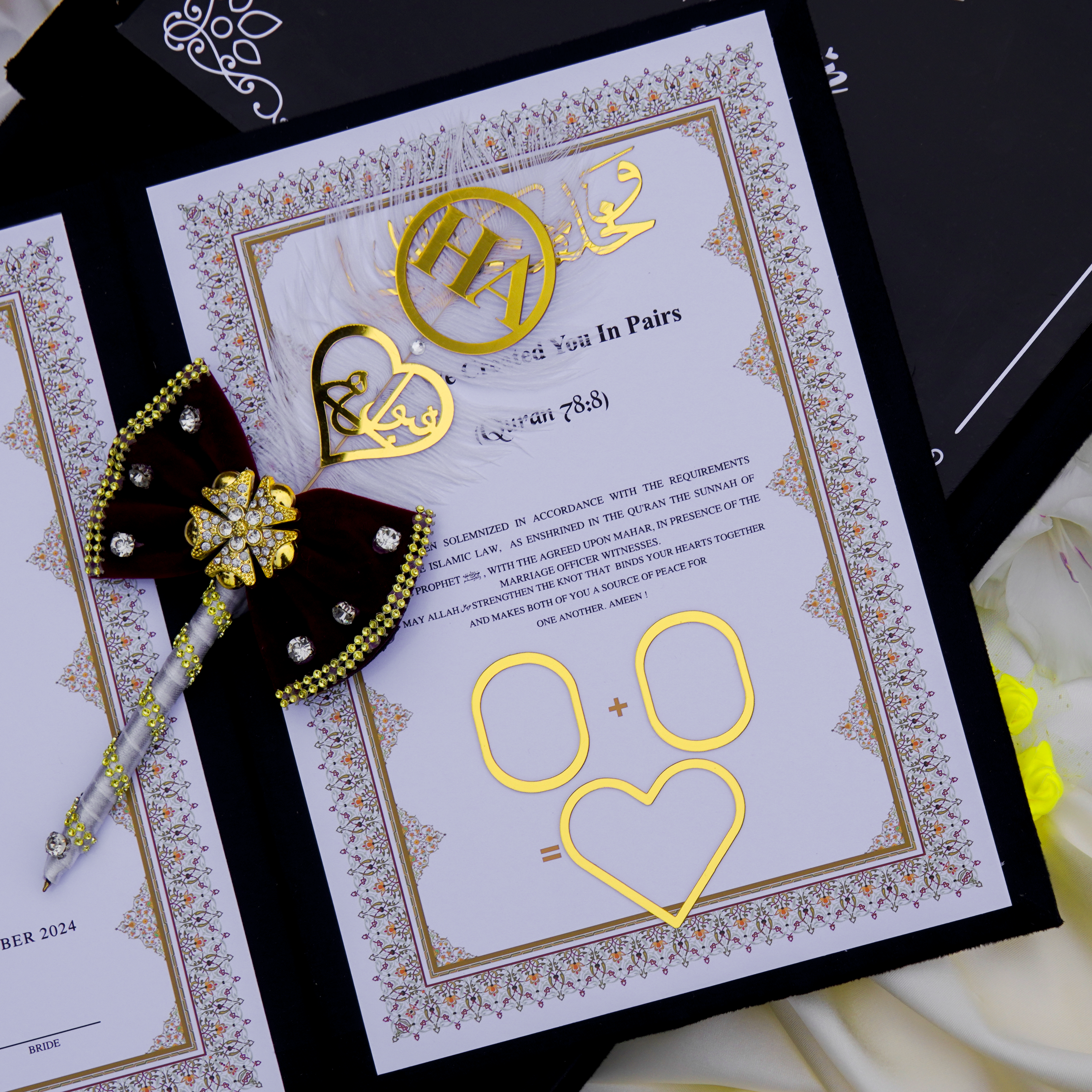 Personalized Nikah Book Set with Pen & Gift Box – Black & Gold Islamic Wedding Set