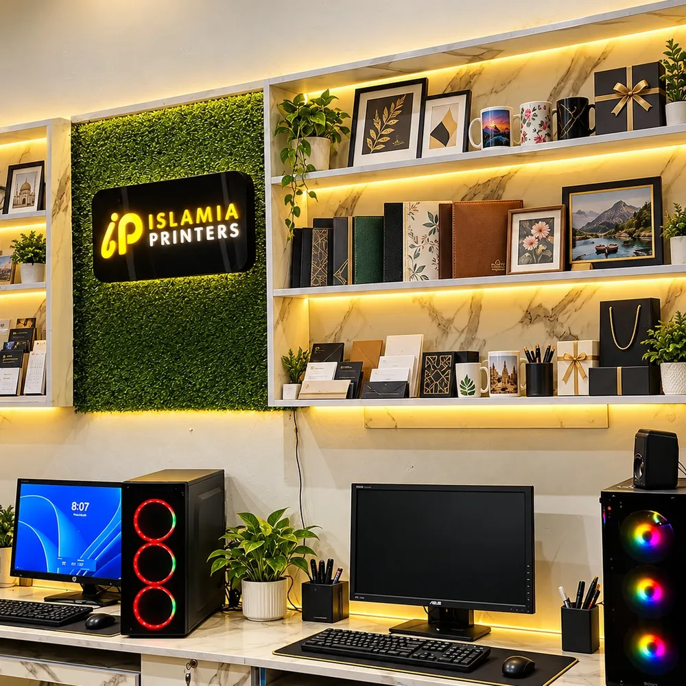 The Islamia Printers studio in Faisalabad: frames, mugs, diaries and gift boxes on lit shelves beside the design desks