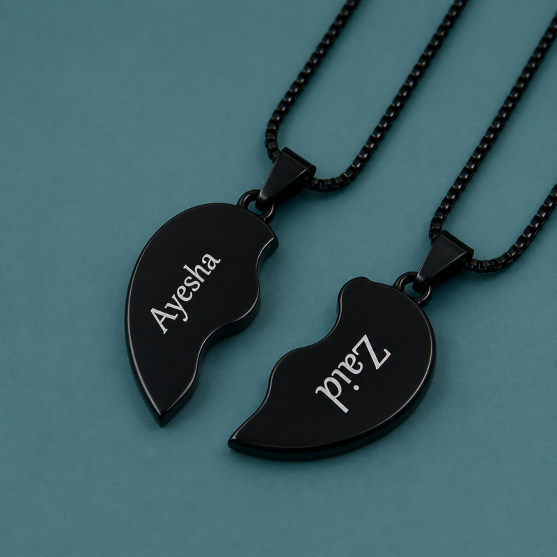 Engraved Name Couple Broken Heart Necklace