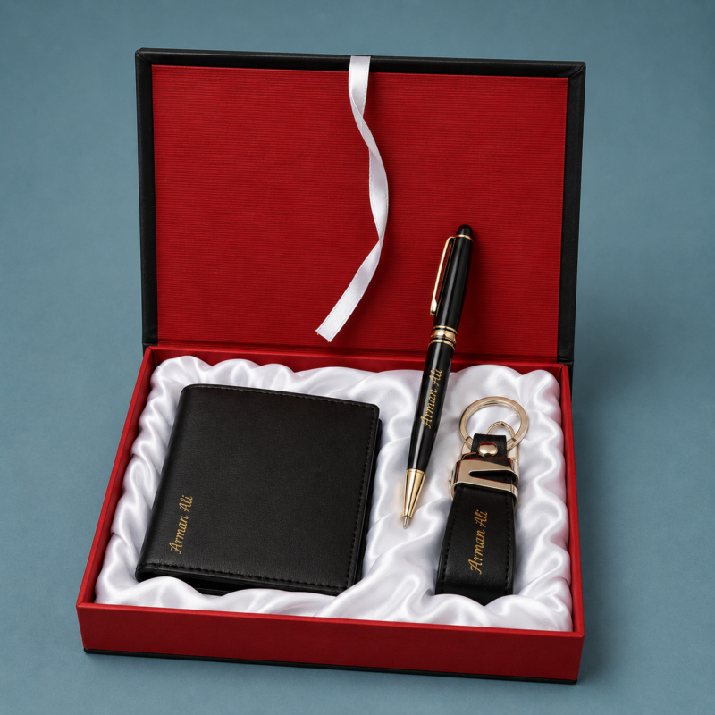 Customized Name Engraved Wallet + Pen + Keychain Gift Box